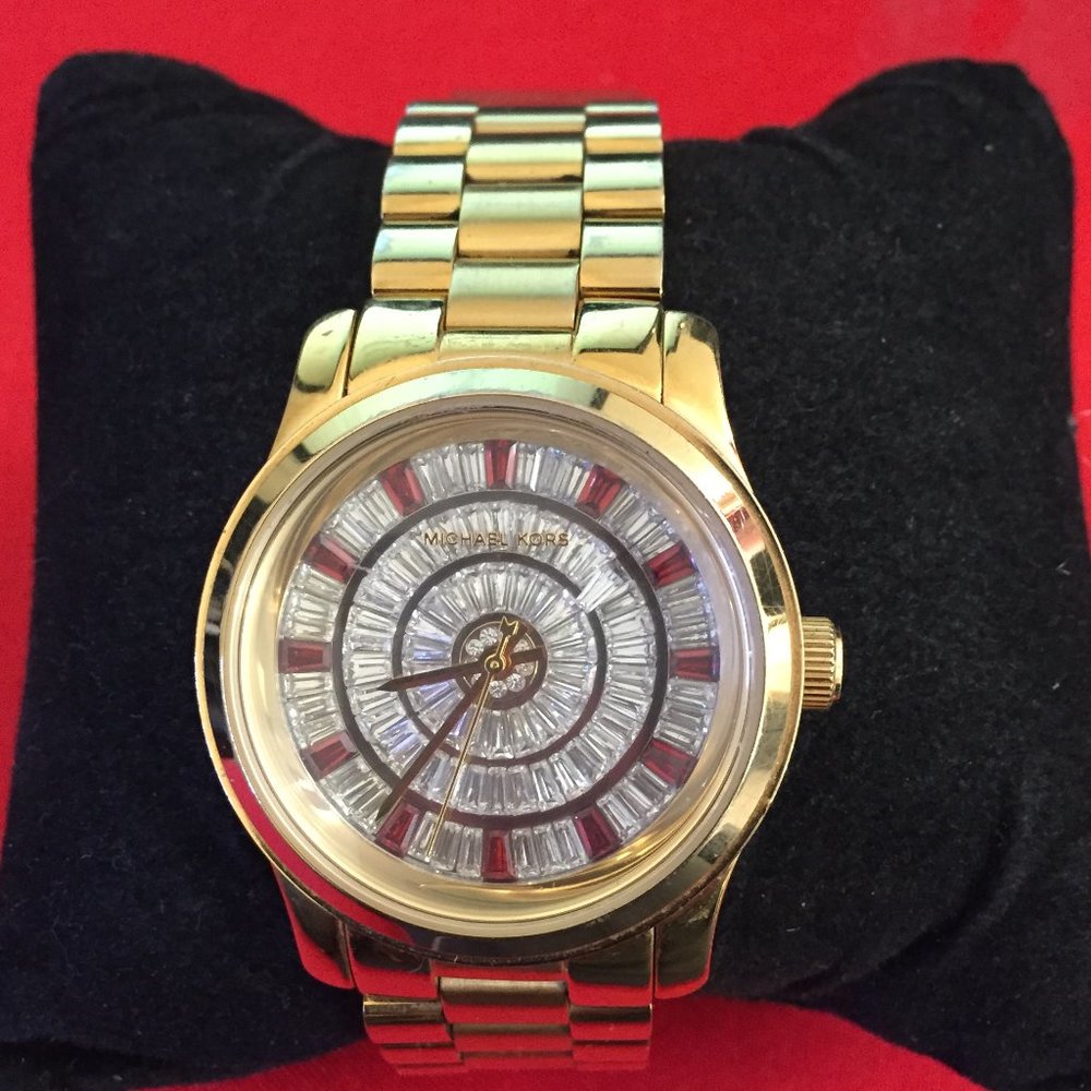 Michael Kors Mid Size Red Glitz Gold Tone Watch